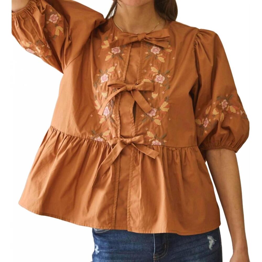 NEW ODDI embroidered poplin ribbon tie blouse in rust - Picture 3 of 3